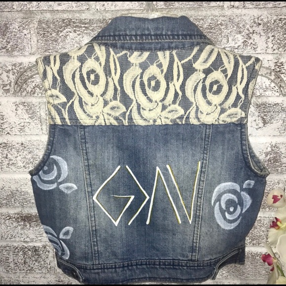Hand-Painted Christian Flowers Denim & Lace Vest - Picture 1 of 4